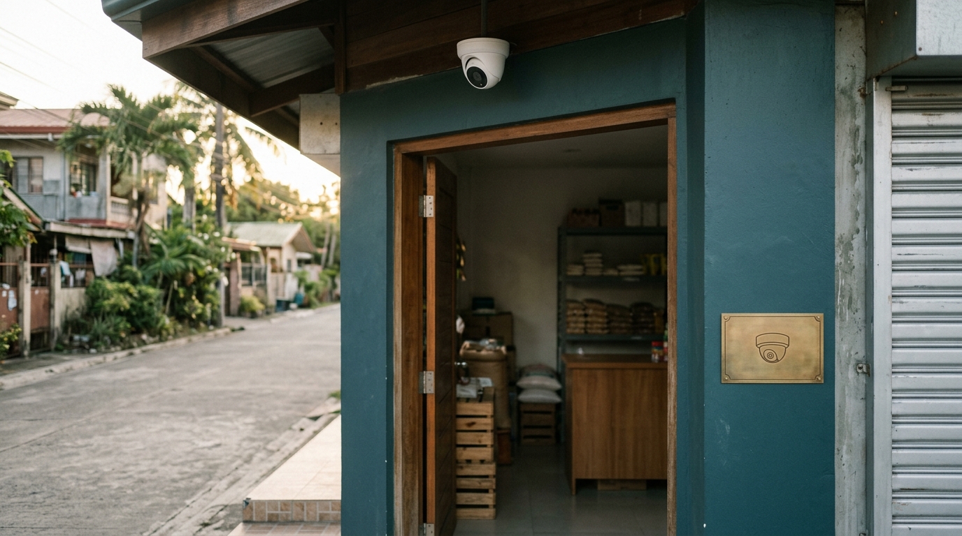 Small ceiling-mounted camera above a shop doorway beside a wall plaque marked with a camera symbol