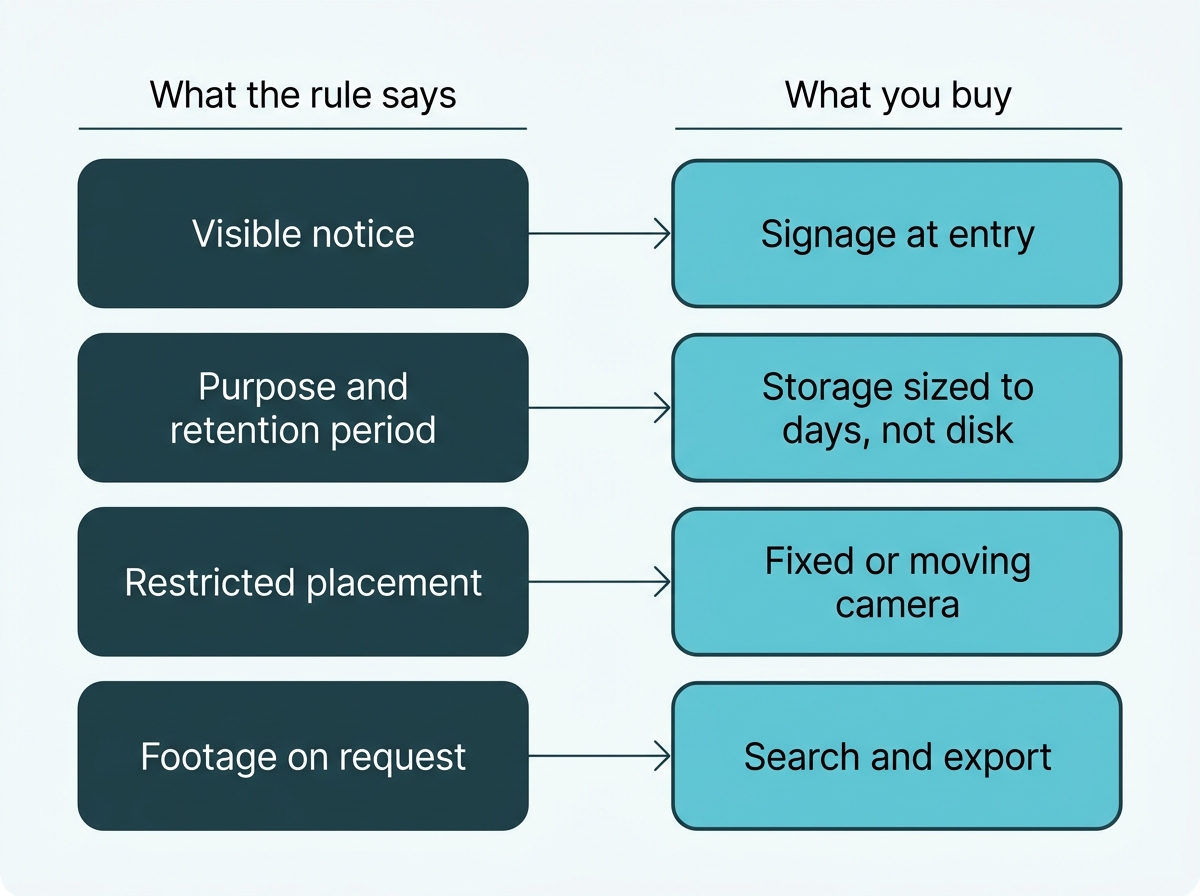Four requirements from the CCTV circular mapped to the equipment decision each one affects