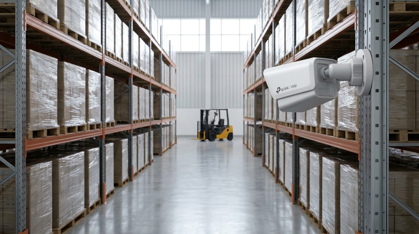 VIGI bullet camera mounted on a rack end column looking down a tall warehouse aisle