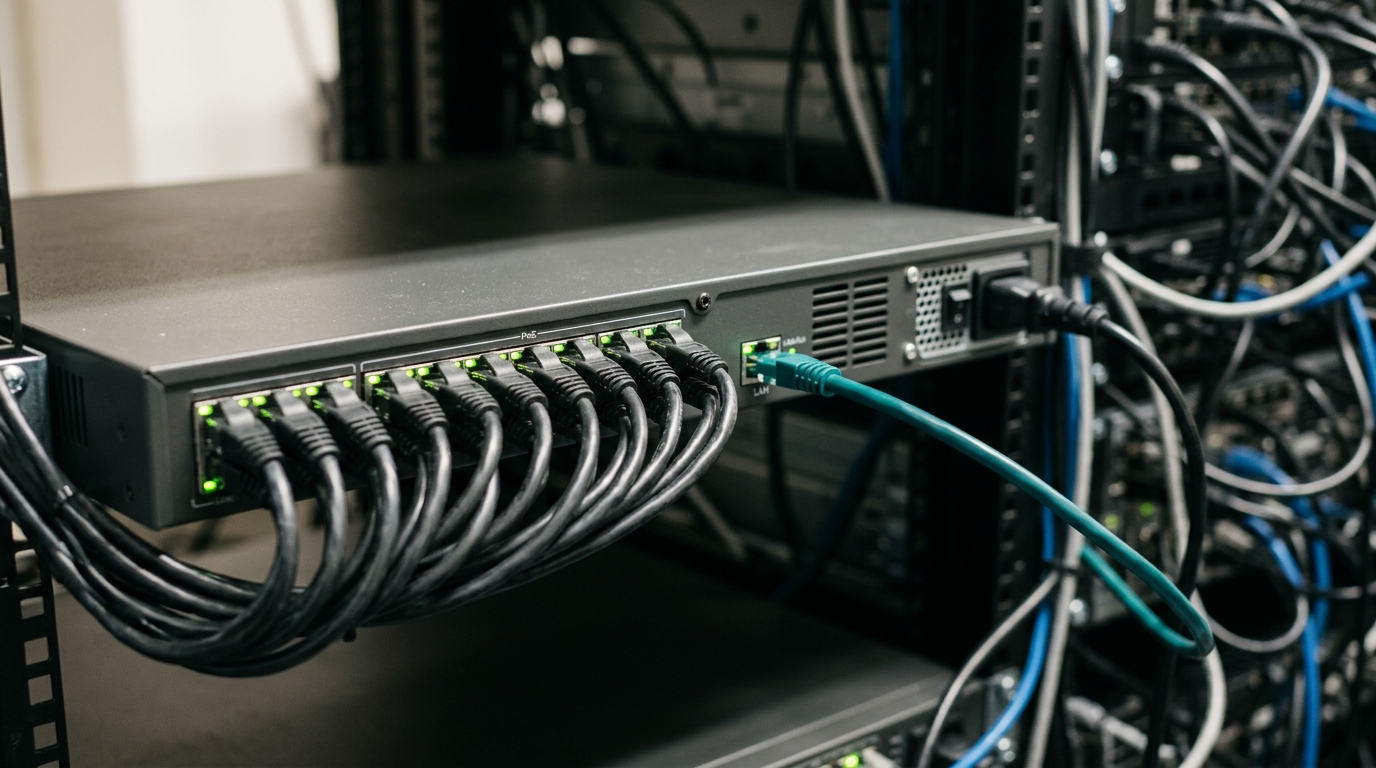 Rack-mounted PoE switch with camera cables filling its PoE ports and a single separate cable in the LAN port