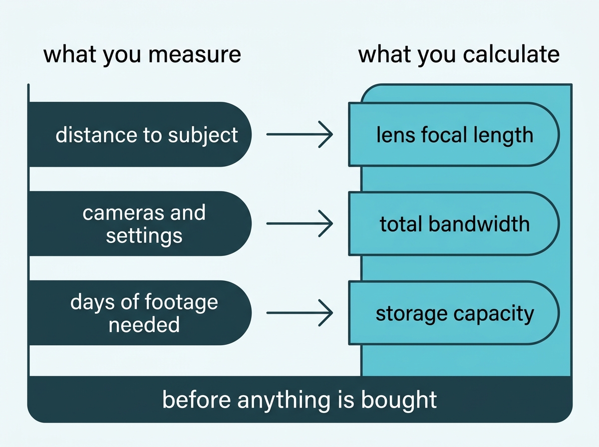 Three site measurements feeding into three calculated results before any equipment is bought.