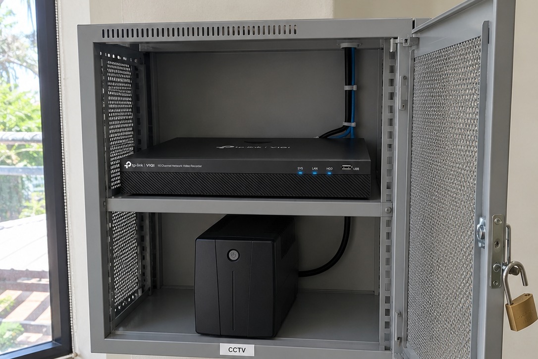 VIGI 16-channel NVR inside a locked ventilated cabinet with a UPS on the shelf below