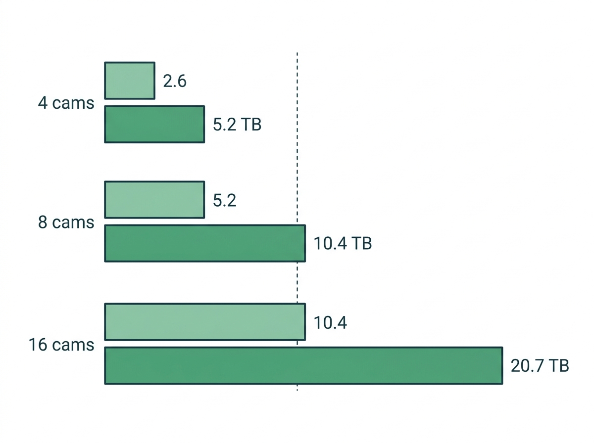 Bar chart of 30-day storage for 4, 8, and 16 cameras at quiet and busy bitrates, with a 10 TB line marked