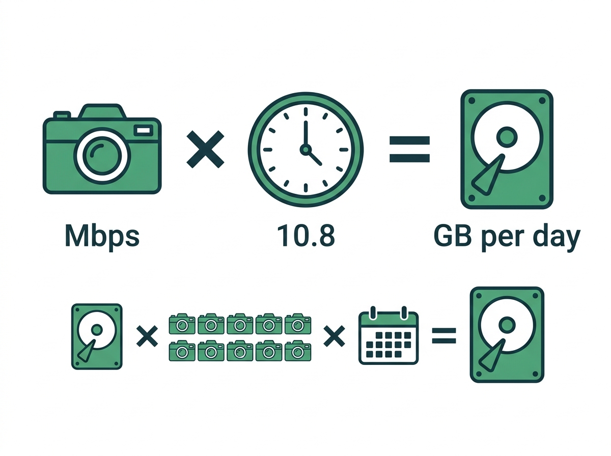 Formula graphic showing bitrate times 10.8 equals gigabytes per day, then multiplied by cameras and days for total storage