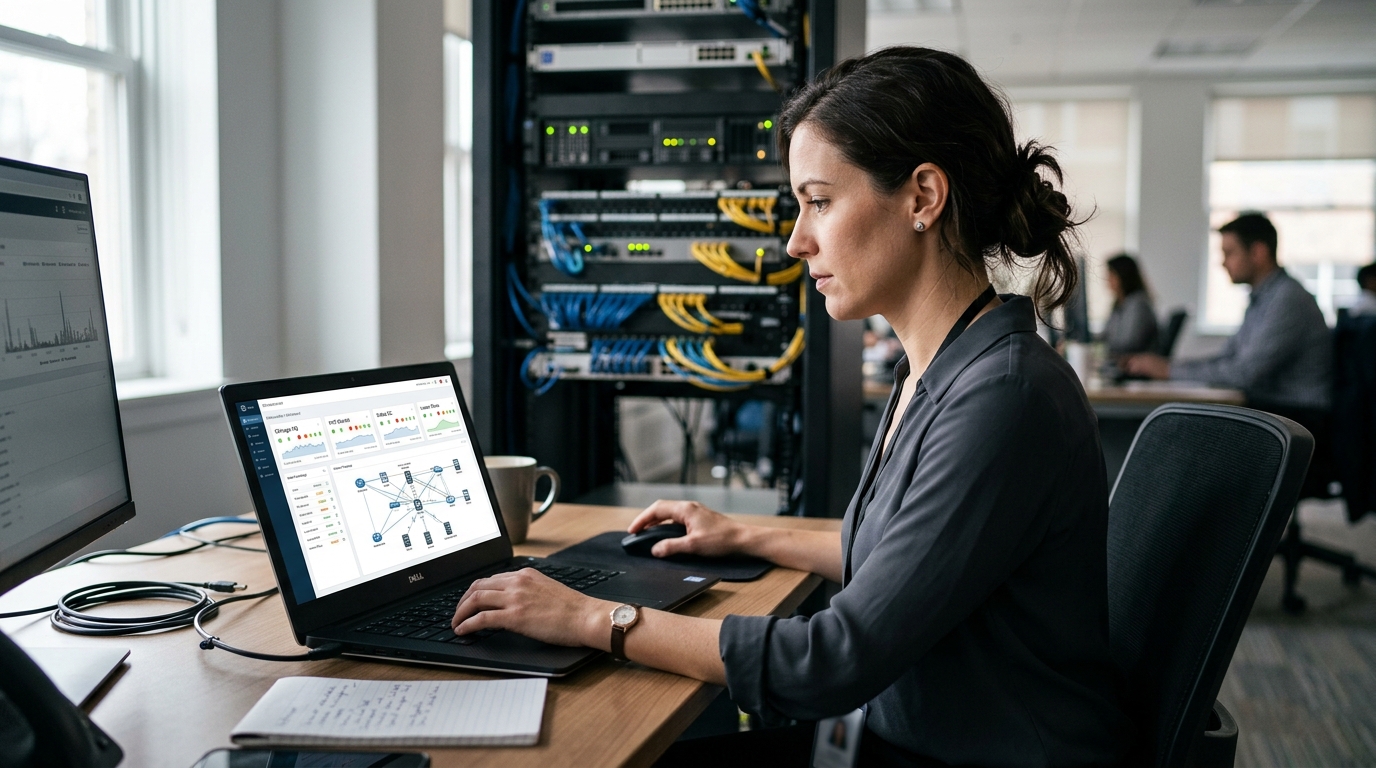 Network administrator viewing a centralized management dashboard on a laptop, showing multiple branch sites and connected devices in one interface