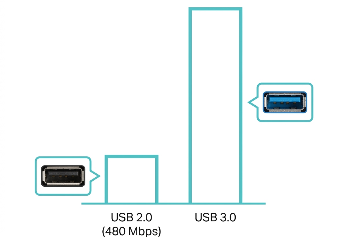 Alt text: Flat design chart comparing maximum adapter throughput on USB 2.0 versus USB 3.0 ports Caption: USB 2.0 caps at 480 Mbps regardless of adapter rating; USB 3.0 supports the adapter's full rated speed 