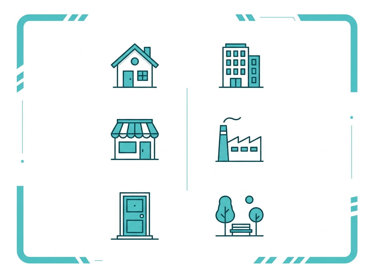 Flat design decision chart showing which camera type fits which setting, from homes to large public areas Caption: Security cameras: homes, small shops, front doors. Surveillance cameras: offices, factories, public areas.