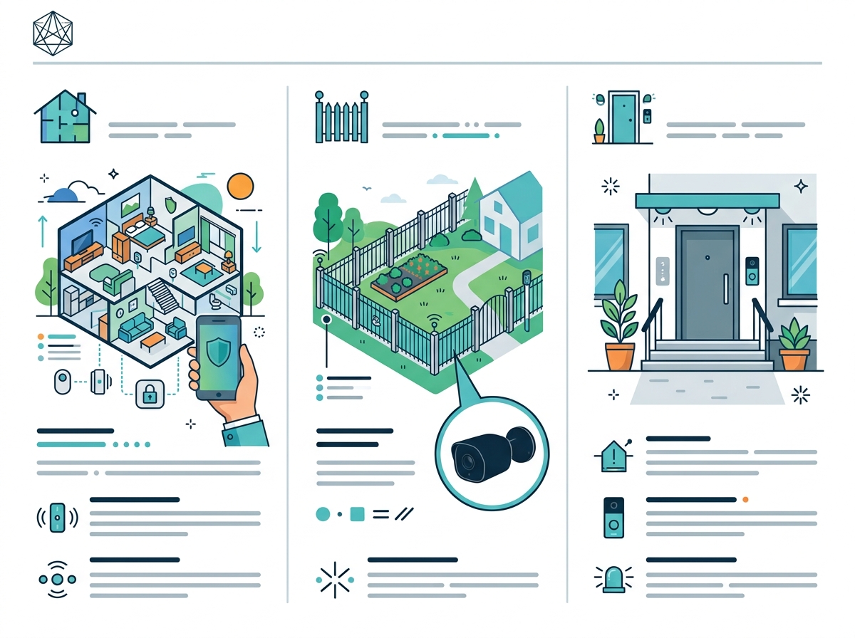 Alt text: Flat design decision chart showing three factors for picking a home security camera: interior coverage, outdoor perimeter, and front door use Caption: Match the camera to the use case: Interior Room, Outdoor Perimeter, Front Door