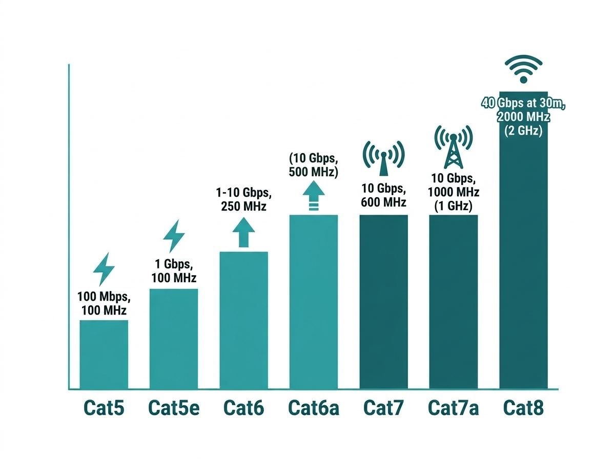 Flat design chart comparing speed and bandwidth across seven Ethernet cable categories from Cat5 to Cat8 Caption: Speed and bandwidth by category: Cat5 (100 Mbps, 100 MHz), Cat5e (1 Gbps, 100 MHz), Cat6 (1-10 Gbps, 250 MHz), Cat6a (10 Gbps, 500 MHz), Cat7 (10 Gbps, 600 MHz), Cat7a (10 Gbps, 1000 MHz), Cat8 (40 Gbps at 30m, 2000 MHz)
