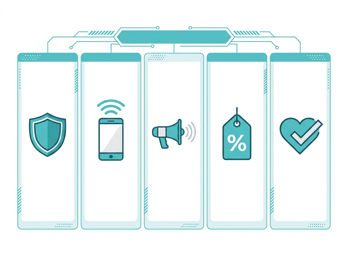 Alt text: Flat design chart showing five benefits of home security cameras: deterrence, remote monitoring, faster response, insurance discounts, and peace of mind Caption: Five benefits, left to right: Deterrence of Crime, Remote Monitoring, Faster Emergency Response, Insurance Discounts, Peace of Mind