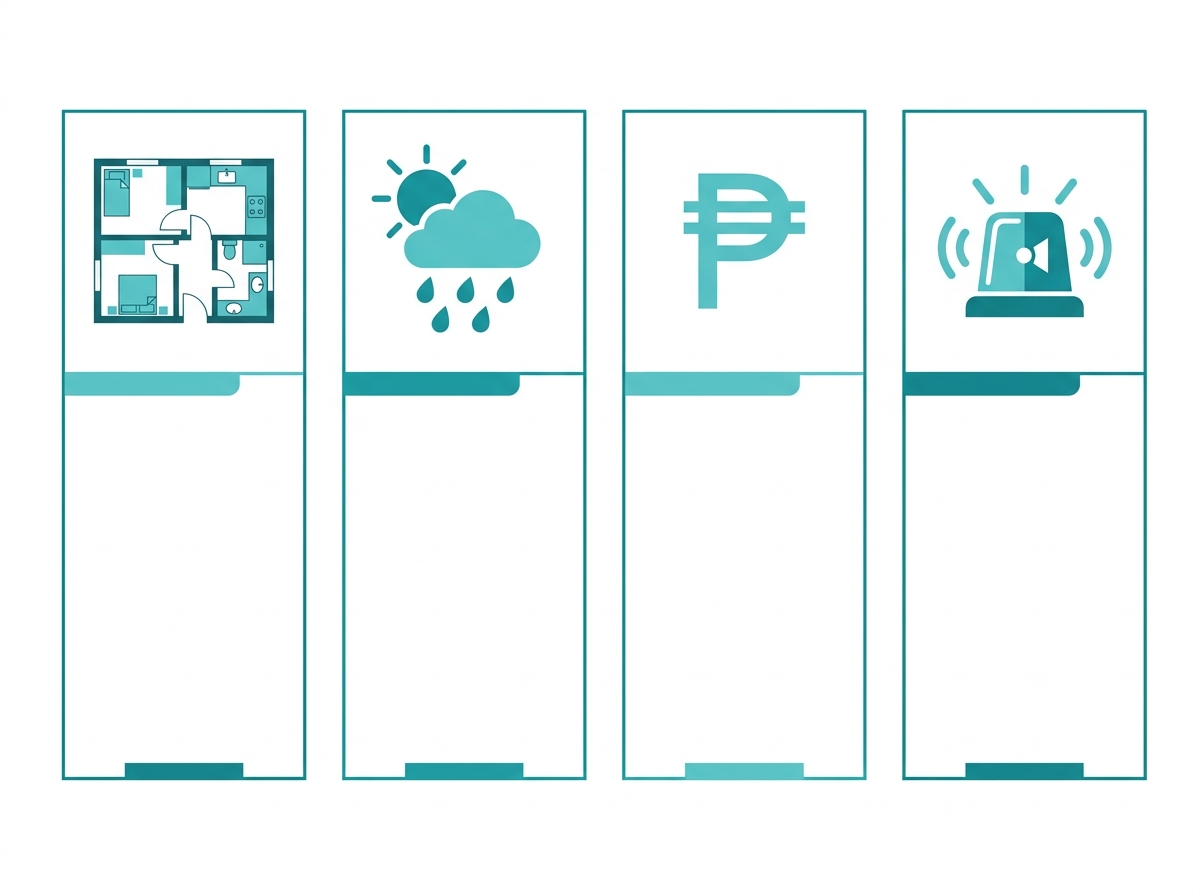 Alt text: Flat design chart comparing four decision factors for choosing an indoor or outdoor security camera: location, weather exposure, budget, and deterrence features Caption: Decision factors, left to right: Location and Coverage, Weather Exposure, Budget, Deterrence Features 