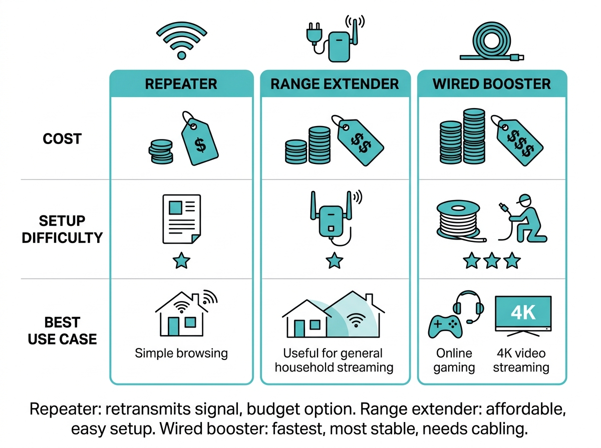 Flat design chart comparing repeater, range extender, and wired booster types by cost, setup difficulty, and best use case Caption: Repeater: retransmits signal, budget option. Range extender: affordable, easy setup. Wired booster: fastest, most stable, needs cabling.