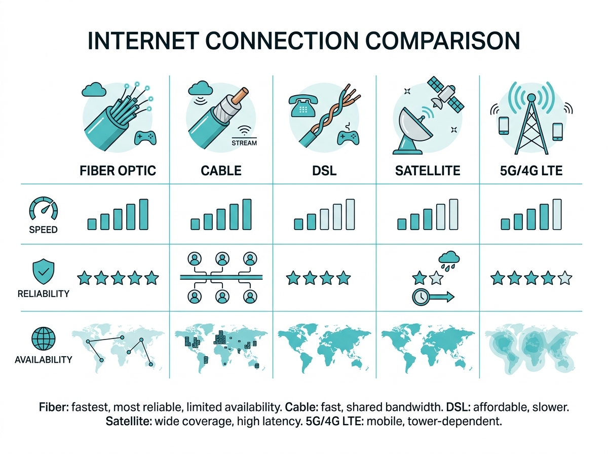 Flat design chart comparing fiber, cable, DSL, satellite, and 5G/4G LTE by speed, reliability, and availability Caption: Fiber: fastest, most reliable, limited availability. Cable: fast, shared bandwidth. DSL: affordable, slower. Satellite: wide coverage, high latency. 5G/4G LTE: mobile, tower-dependent.