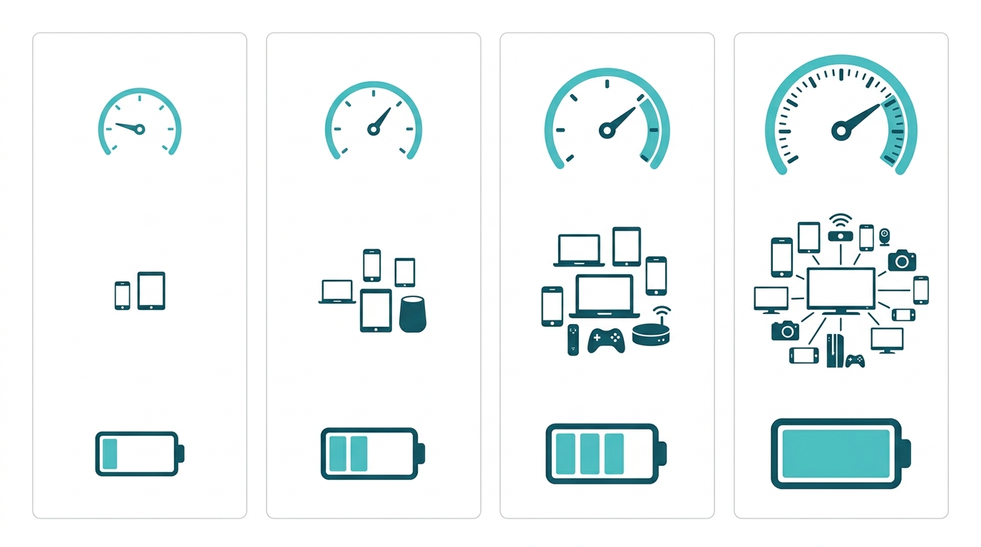 Flat design comparison chart of four TP-Link mobile hotspot models by speed, device capacity, and battery life Caption: Model comparison, left to right: M7650 (600 Mbps, 32 devices, 15 hrs), M7450 (300 Mbps, 32 devices, 12 hrs), M7350 (150 Mbps, 10 devices, 10 hrs), M7200 (150 Mbps, 10 devices, 8 hrs)
