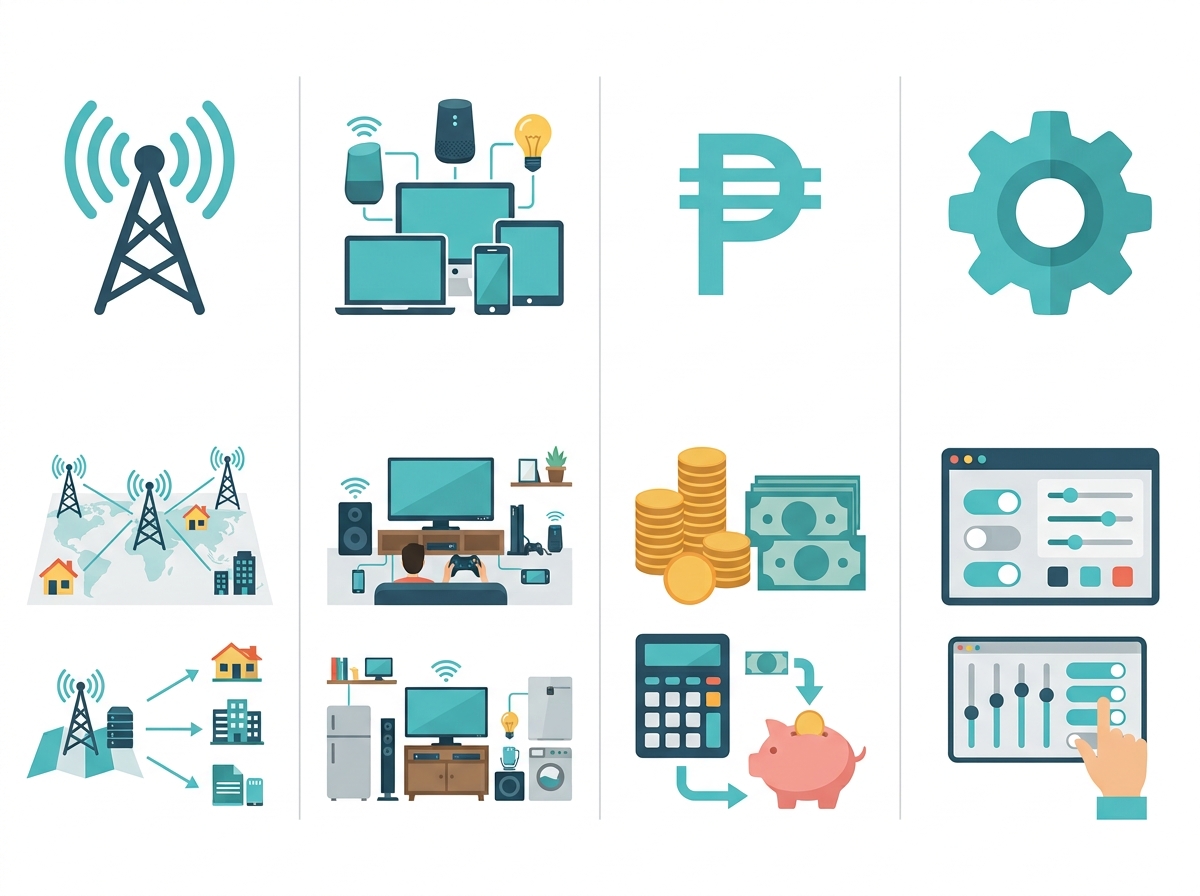 Flat design chart showing four factors for choosing between a modem alone, a router, or a combo device Caption: Decide by: internet service type, number of devices, budget, and desired control 