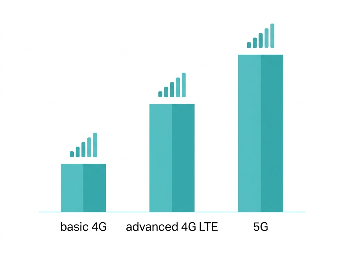 Flat design chart comparing pocket WiFi speed tiers from basic 4G to advanced 5G Caption: Speed tiers: basic 4G, advanced 4G LTE, and 5G, each with rising device capacity and download speed