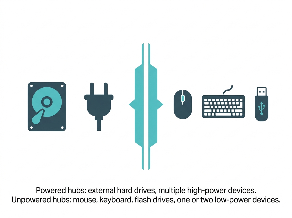 : Flat design chart comparing powered and unpowered USB hubs by use case Caption: Powered hubs: external hard drives, multiple high-power devices. Unpowered hubs: mouse, keyboard, flash drives, one or two low-power devices. 