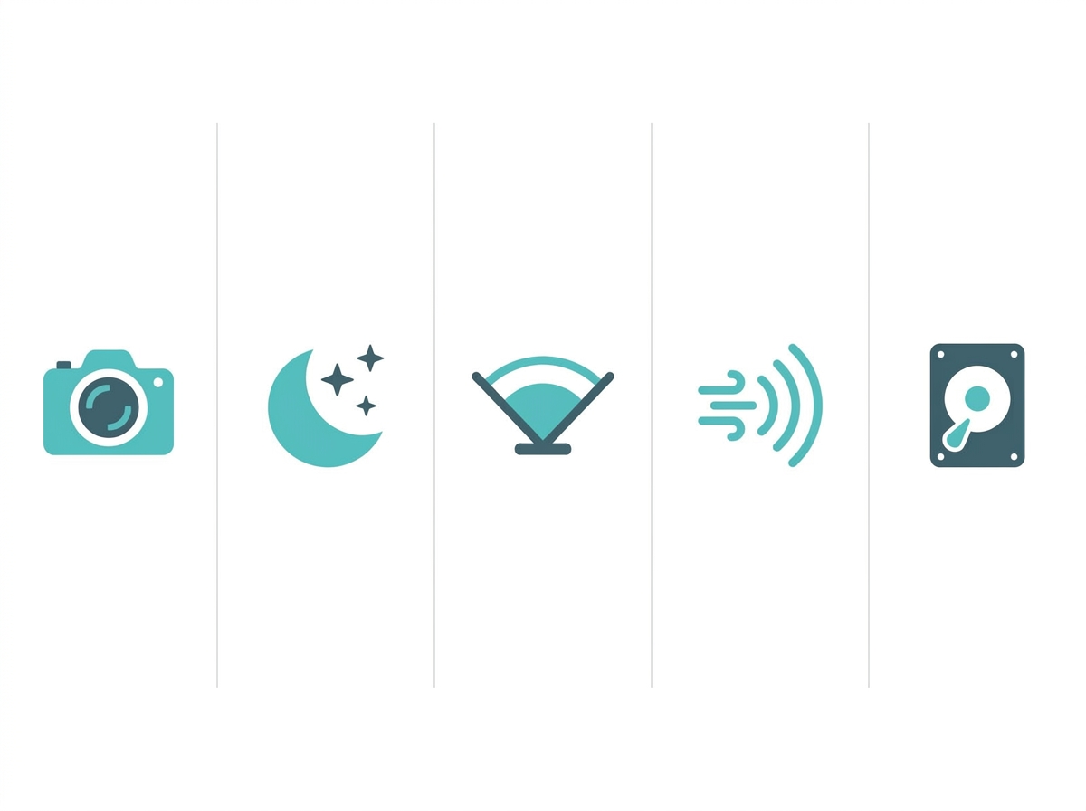 Flat design chart ranking security camera feature priorities: video quality, night vision, field of view, motion detection, storage Caption: Priority order: Video Quality, Night Vision, Field of View, Motion Detection, Storage Options