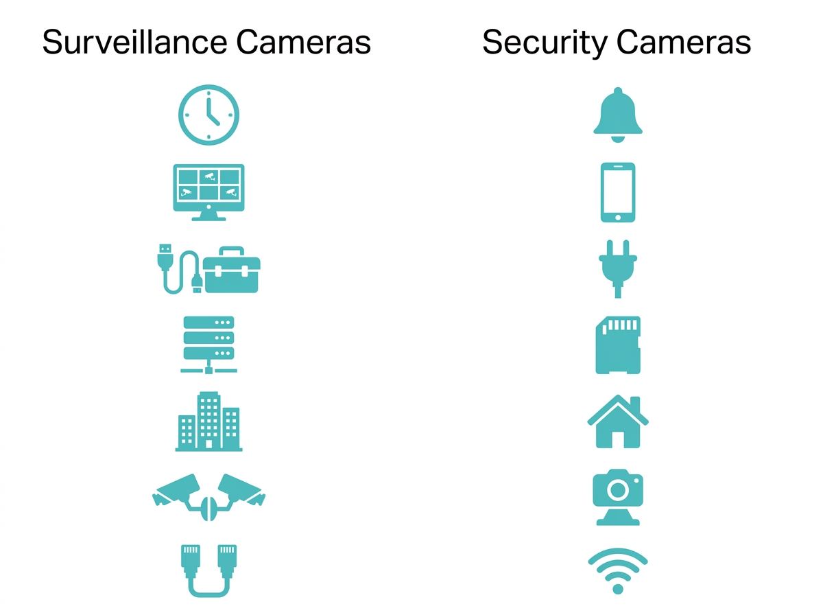 Flat design comparison chart showing seven key differences between surveillance cameras and security cameras Caption: Seven differences, left to right: Purpose, Monitoring, Installation, Storage, Location, System Type, Connectivity
