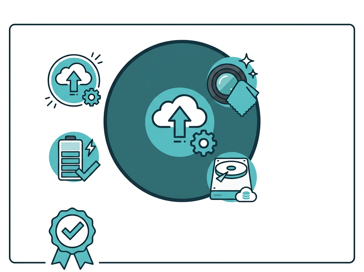 Flat design checklist icon set showing five recurring security camera maintenance tasks Caption: Maintenance checklist: firmware updates, lens cleaning, battery checks, storage management, functionality testing