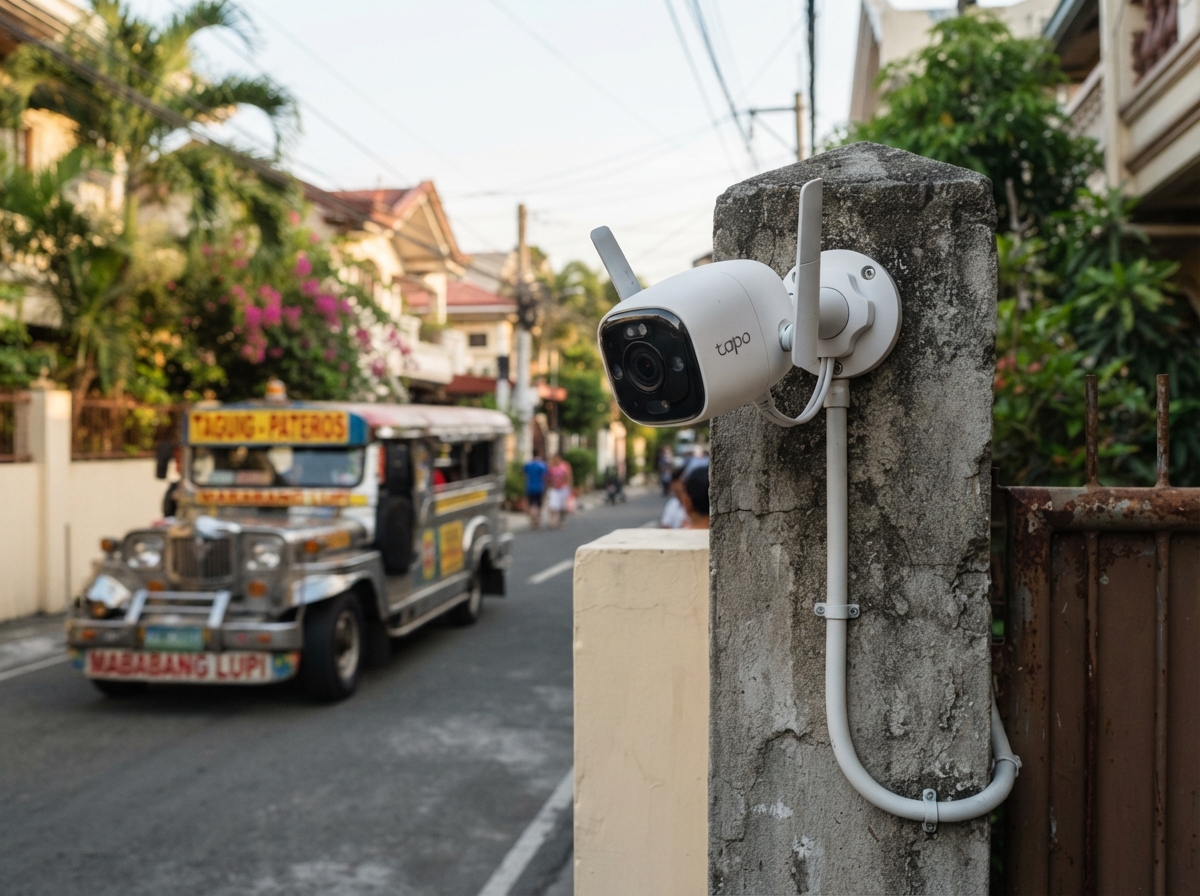 Close-up photo of a bullet camera mounted at a Philippine home gate with cable routed through conduit Caption: Properly mounted and secured outdoor bullet camera, cable routed through conduit to prevent tampering