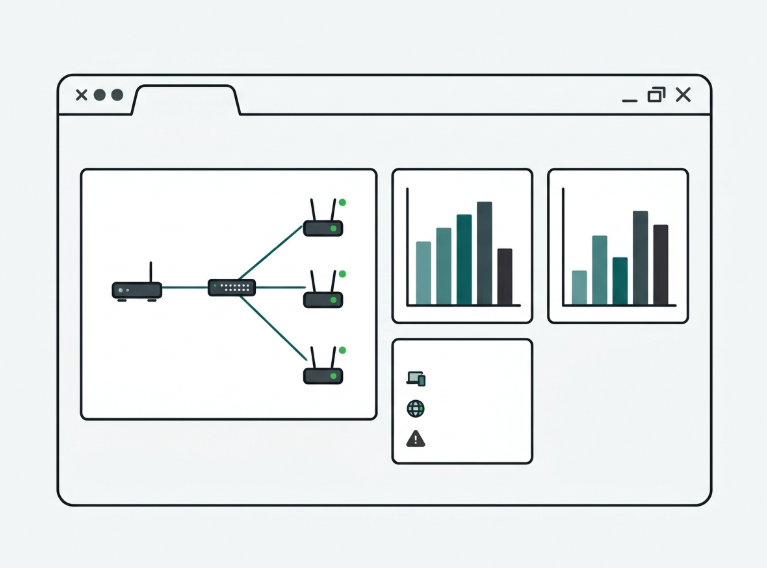 Flat mockup of a cloud network dashboard showing multiple access points and a switch under one topology map