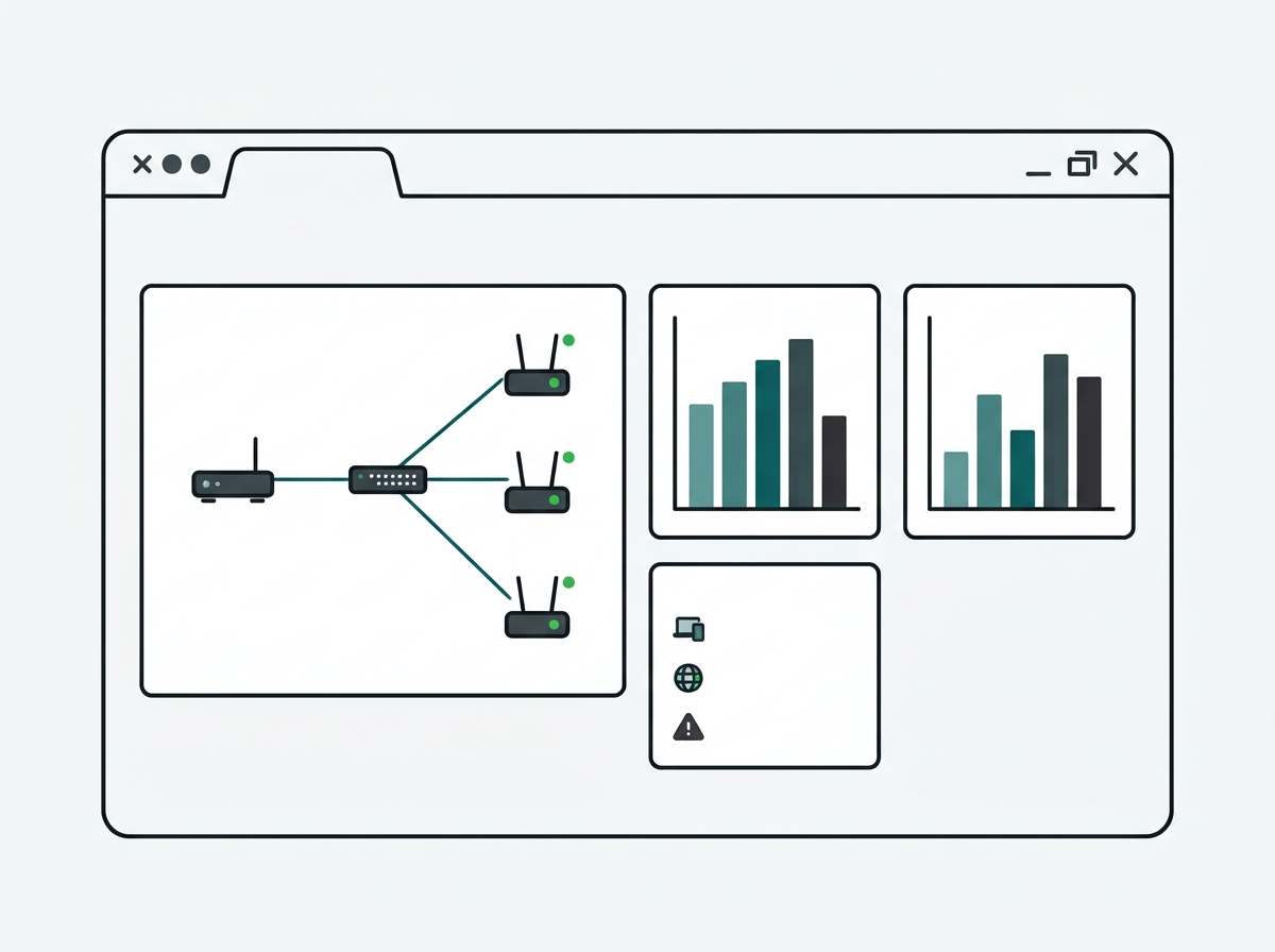 Flat mockup of a cloud network dashboard showing multiple access points and a switch under one topology map