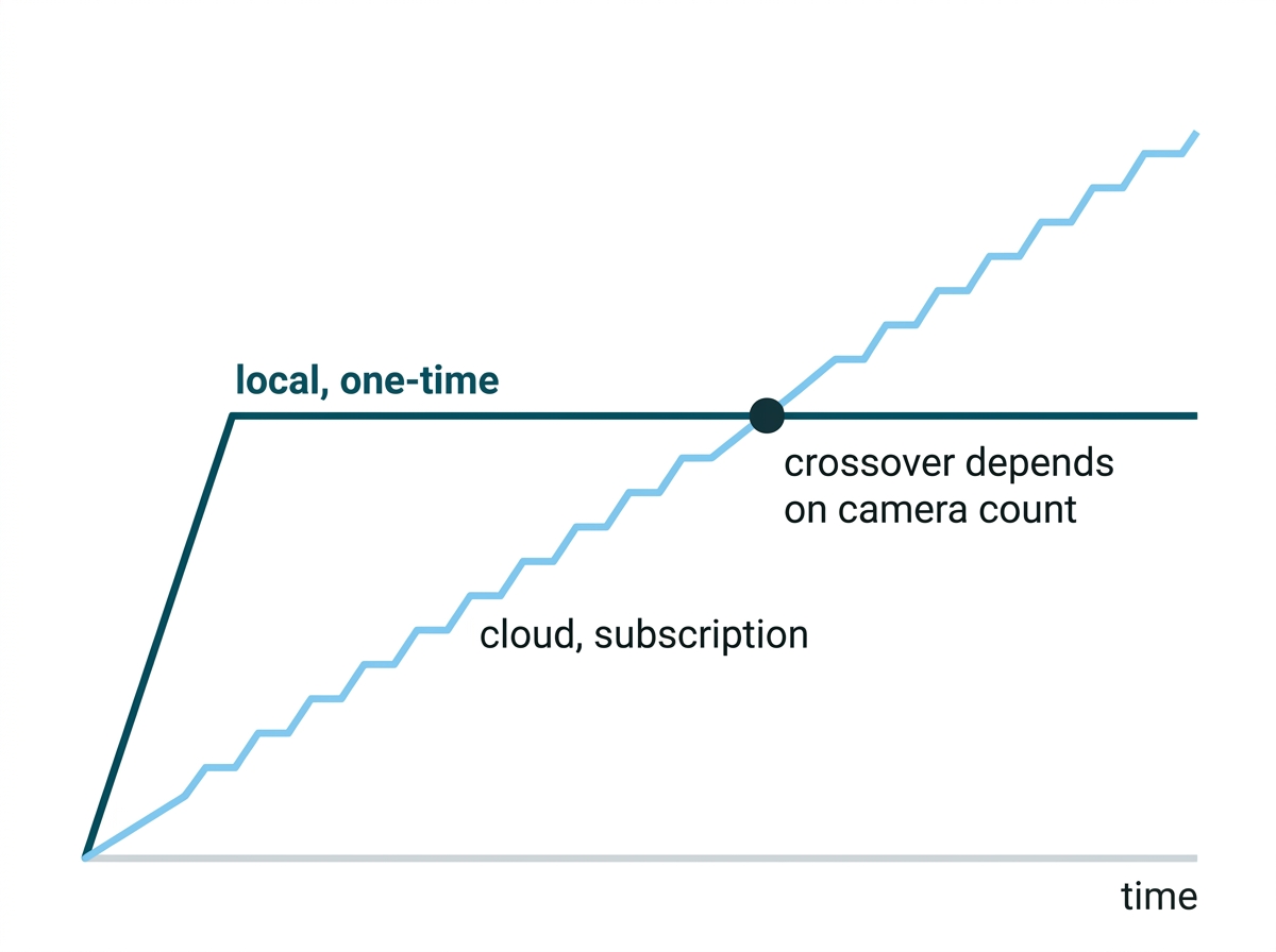 A one-time hardware cost shown as a single step beside a subscription cost rising steadily over time
