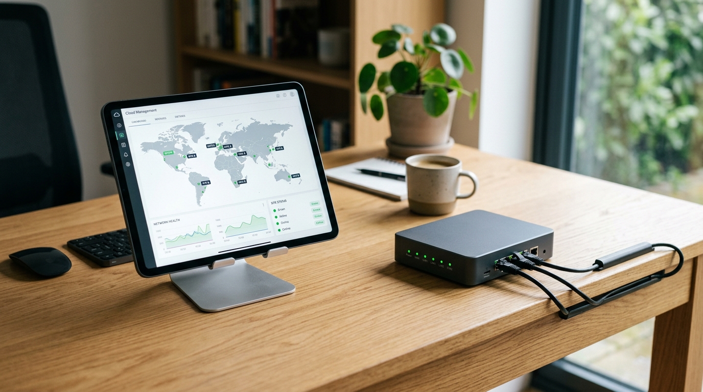 Tablet showing a cloud management dashboard with a world map and site status panel, beside a compact on-premises hardware controller with connected ethernet cables on a wooden desk