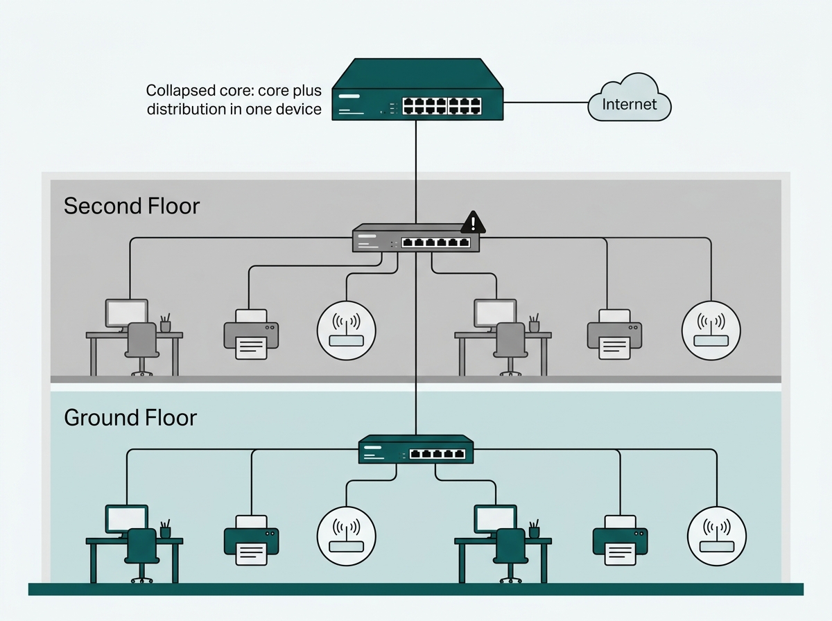 Two-floor office tree topology with one access switch per floor uplinking to a shared collapsed core switch, showing that a second-floor failure leaves the ground floor connected.