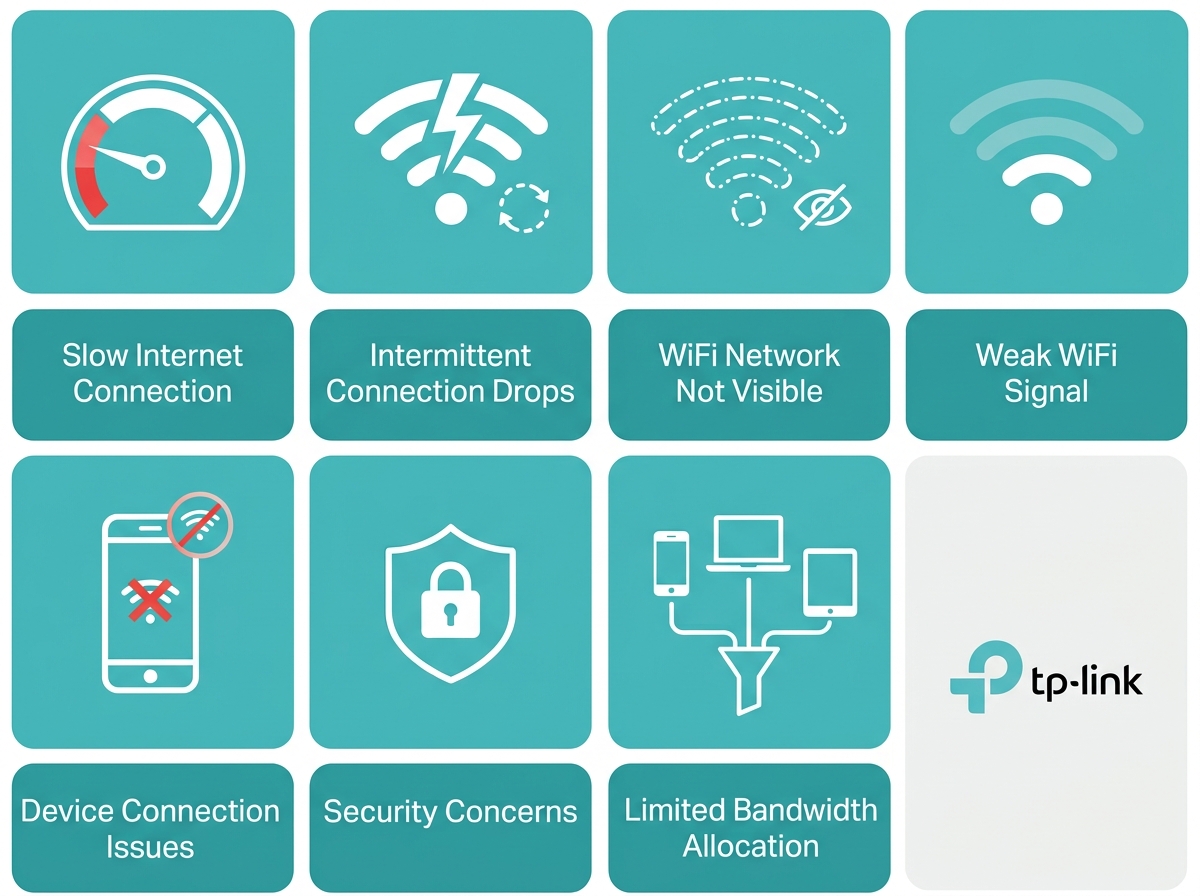 Icon grid showing the seven most common WiFi problems: slow speed, dropped connections, invisible network, weak signal, device issues, security, and bandwidth congestion