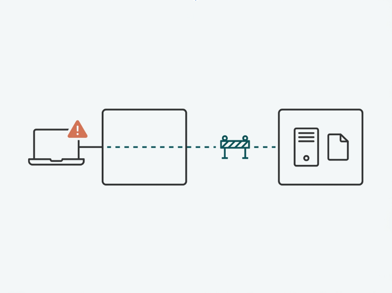 Flat illustration showing a compromised guest device blocked from reaching a staff network segment by VLAN isolation