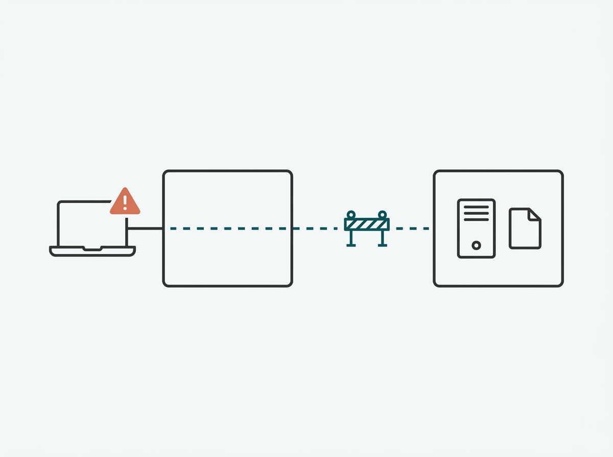 Flat illustration showing a compromised guest device blocked from reaching a staff network segment by VLAN isolation
