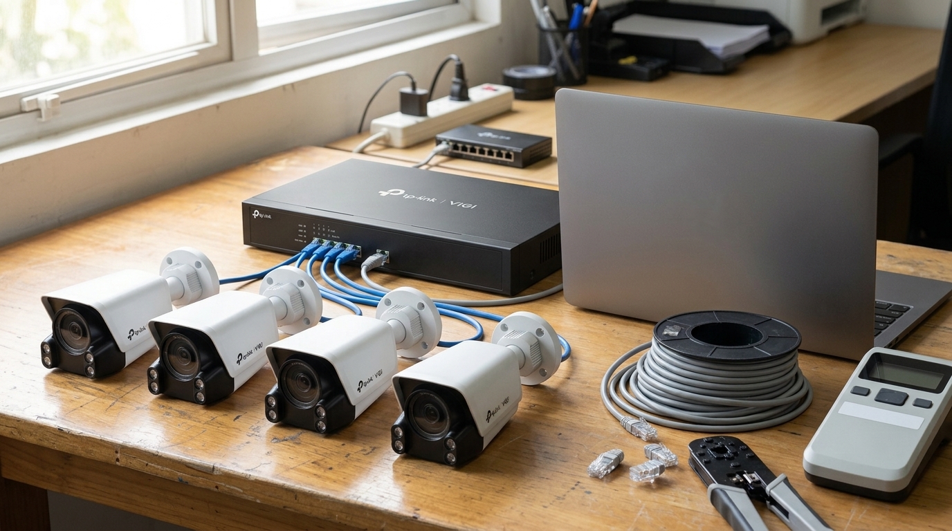 VIGI NVR and four VIGI bullet cameras connected by Ethernet cables on a workbench for bench testing before installation