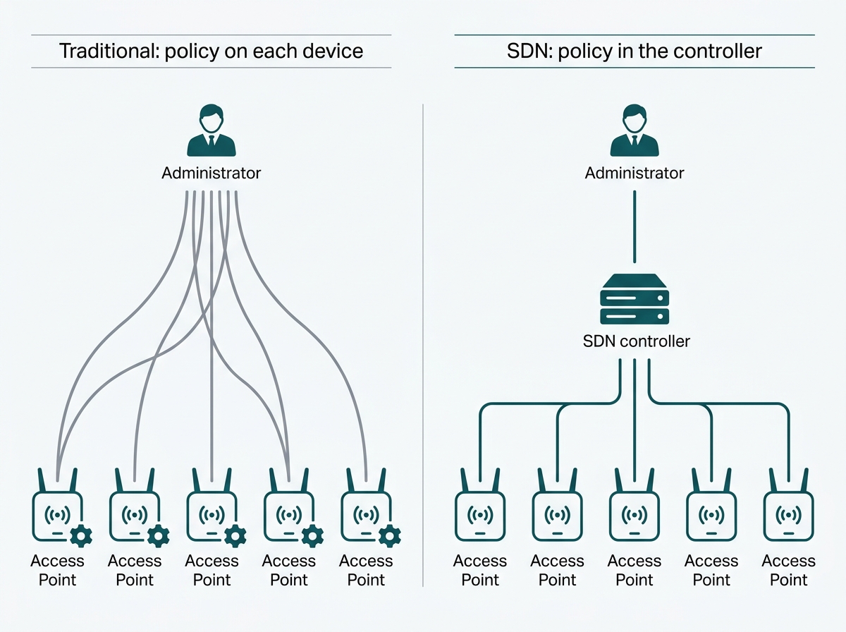 Traditional network with policy configured on each device beside an SDN network with one controller pushing policy to all devices