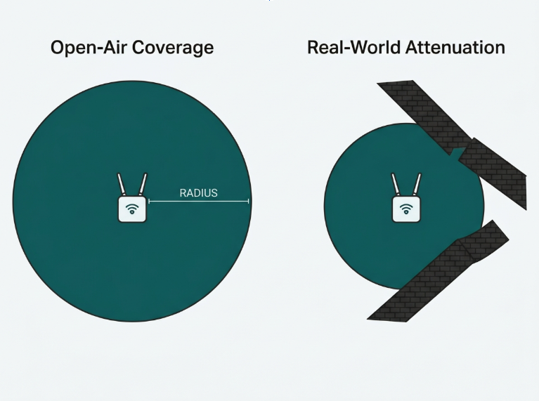 Flat diagram showing a WiFi access point's coverage circle shrinking as it passes through concrete walls