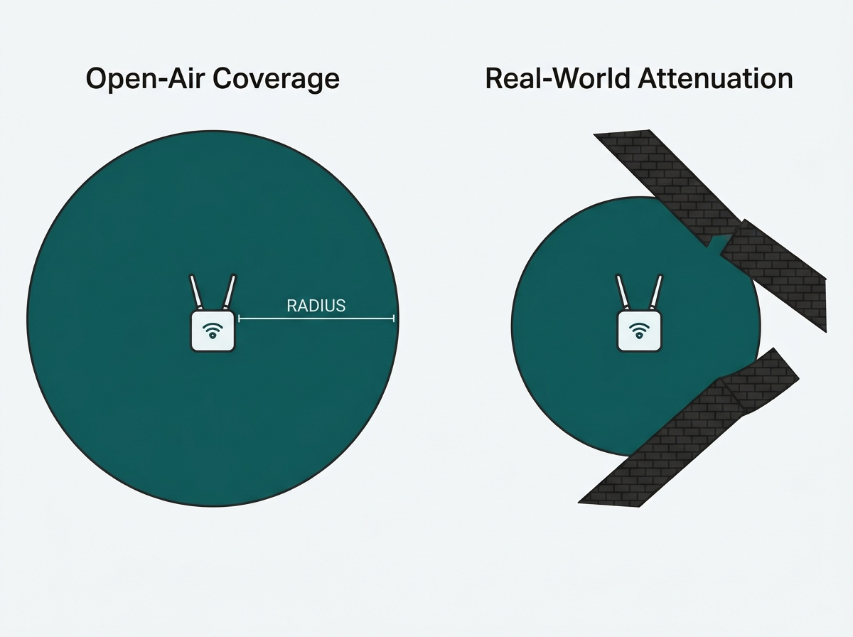 Flat diagram showing a WiFi access point's coverage circle shrinking as it passes through concrete walls