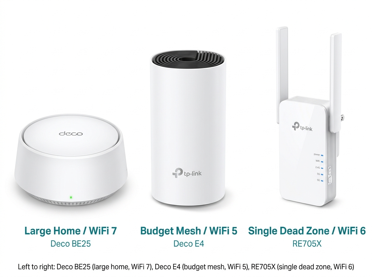 Photo of three real TP-Link WiFi devices matched to different home coverage use cases: Deco BE25, Deco E4, and RE705X