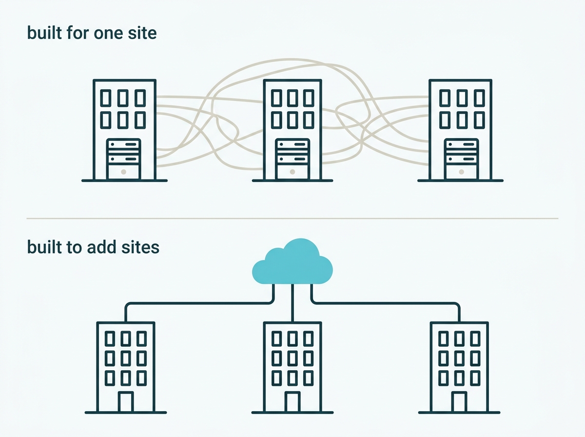A single-site system extended awkwardly compared with one designed to add sites cleanly