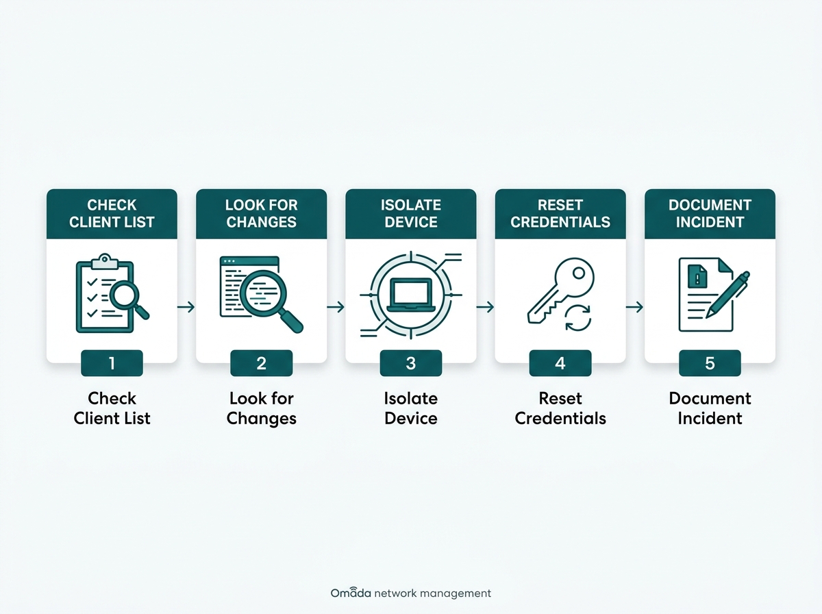 Five-step flow diagram for detecting and responding to unauthorized network access, from checking the client list to documenting the incident