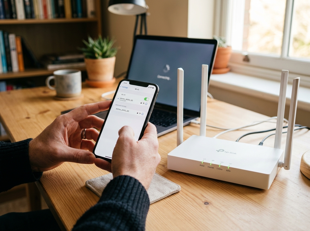 Person checking WiFi password on phone next to a TP-Link router while a laptop struggles to connect