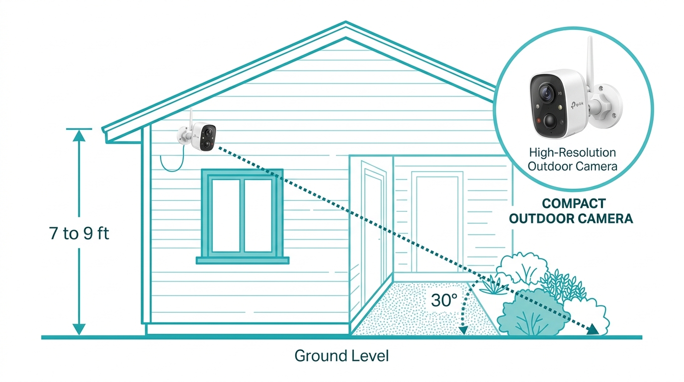 Flat design diagram showing recommended security camera mounting height and downward angle on a house exterior wall Caption: Mount cameras 7 to 9 feet high, angled slightly downward