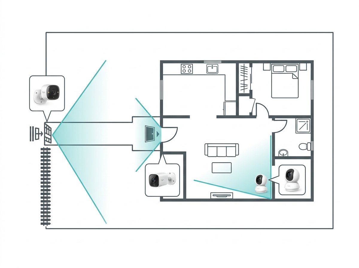 Alt text: Flat design floor plan diagram of a Philippine home showing outdoor camera placement at the gate and front door and indoor camera placement in the living room Caption: Recommended placement: outdoor camera at gate, outdoor camera at front door, indoor camera in living room
