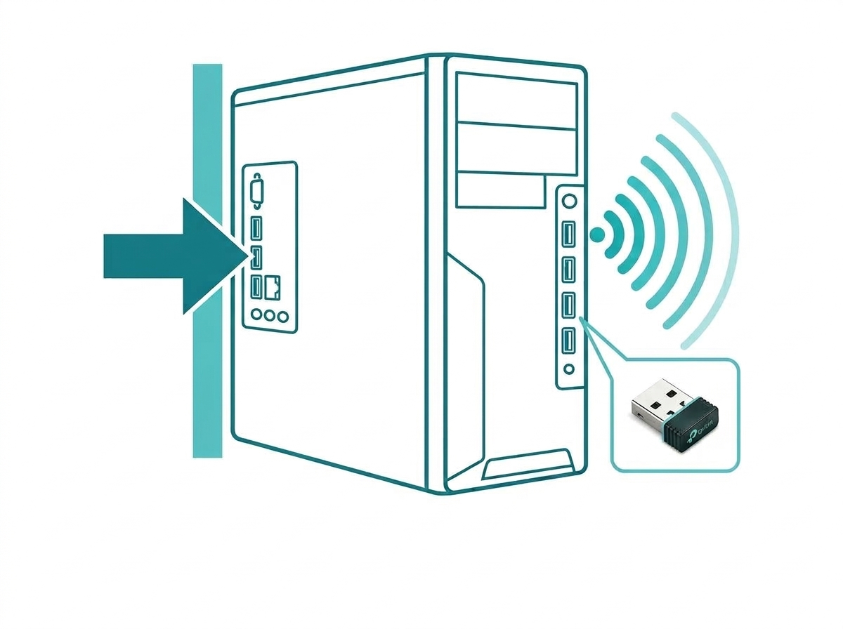 Alt text: Flat design diagram showing a USB WiFi adapter's location relative to a desktop tower, illustrating how rear-mounted ports get blocked by the chassis Caption: Rear-mounted USB ports sit behind the tower chassis; front-panel ports or an extension cable improve signal reception