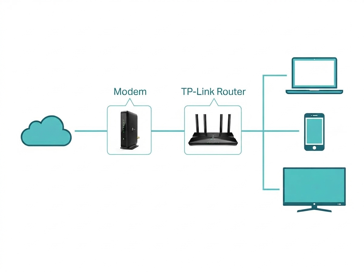 Alt text: Flat design diagram showing a modem connected to the ISP, a router connected to the modem, and multiple devices connected to the router Caption: How data flows: ISP to modem, modem to router, router to your devices