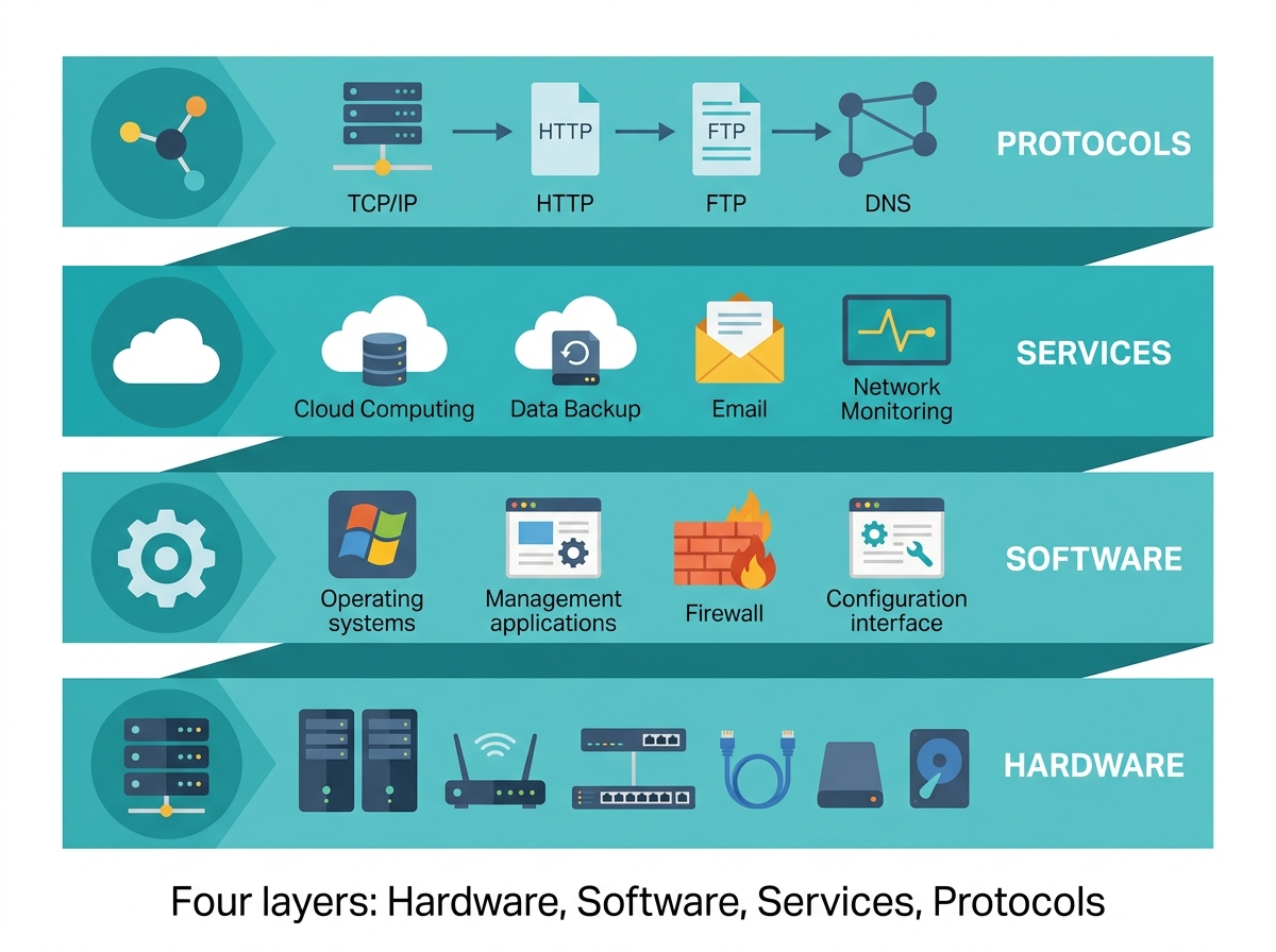 Flat design layered diagram showing the four components of network infrastructure: hardware, software, services, and protocols Caption: Four layers: Hardware, Software, Services, Protocols
