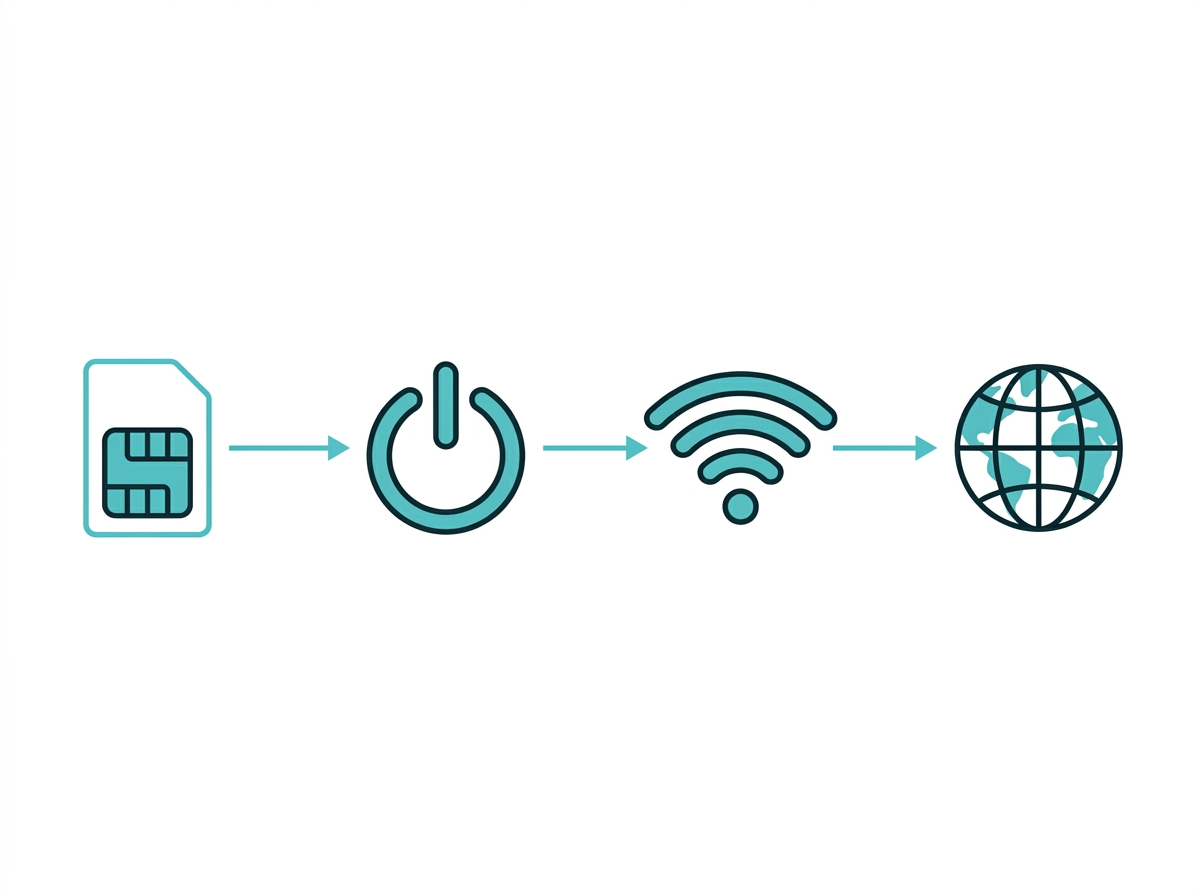 Flat design diagram showing the four-step flow of how pocket WiFi works, from SIM card insertion to internet access Caption: How it works: insert SIM card, power on, connect devices, access the internet