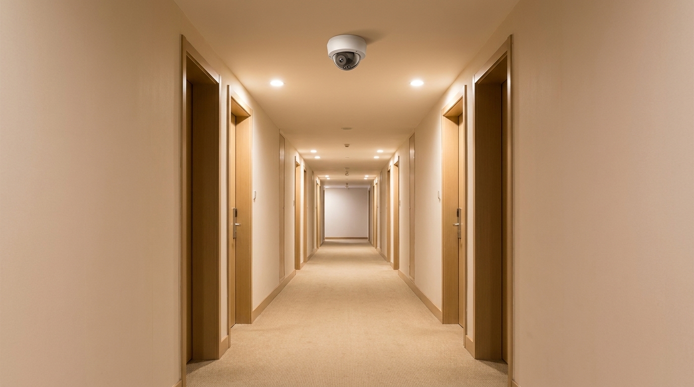 Dome camera mounted at the ceiling of an empty hotel corridor, angled down the length of the hallway