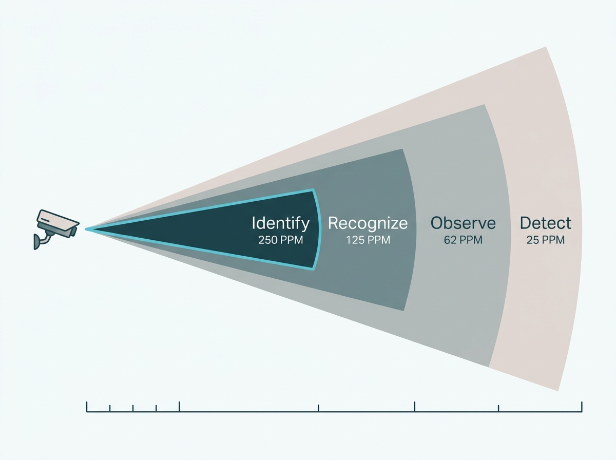 Four distance bands extending from a camera showing where detection, observation, recognition, and identification are possible