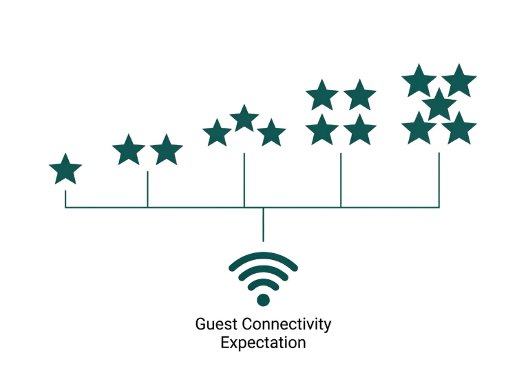 Flat diagram showing DOT star rating tiers connected to guest experience factors including WiFi reliability